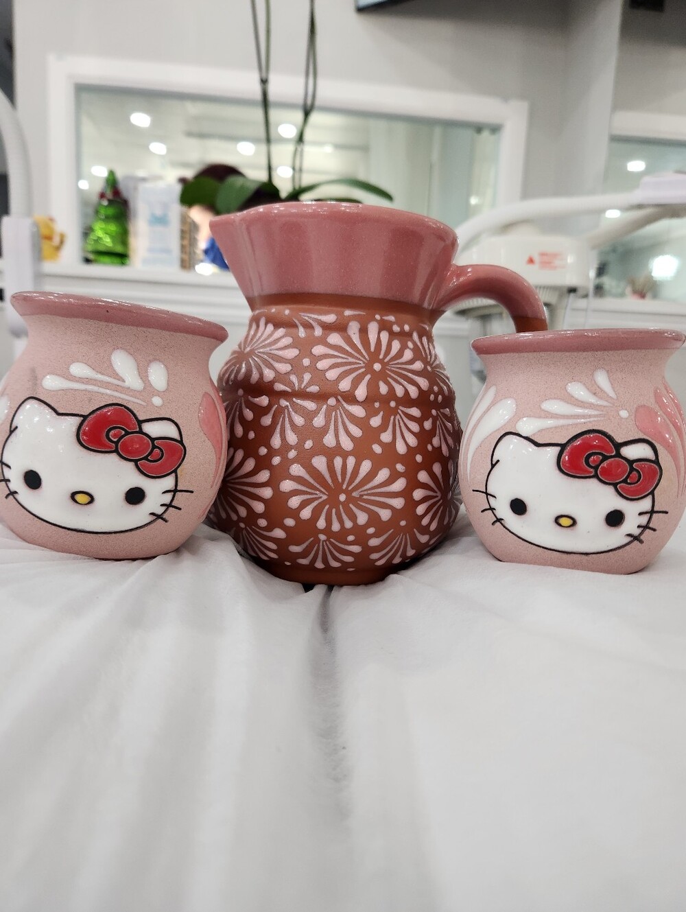 Pink Floral Ceramic Pitcher and Hello Kitty Mugs Set